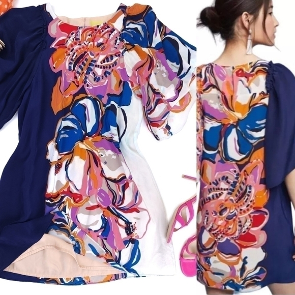 Maeve Dresses & Skirts - Maeve Anthropologie Blue Pink Orange Floral Silk Dress Sz S